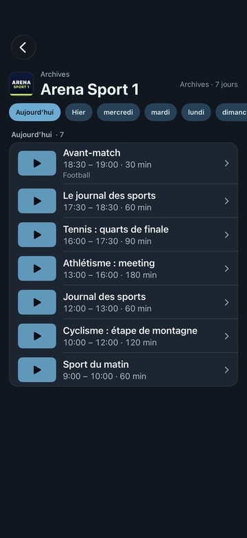 Les archives d’une chaîne de sport dans Neverlag sur iPhone : les jours d’aujourd’hui à lundi, puis des émissions comme un avant-match et un quart de finale de tennis, avec heure et durée
