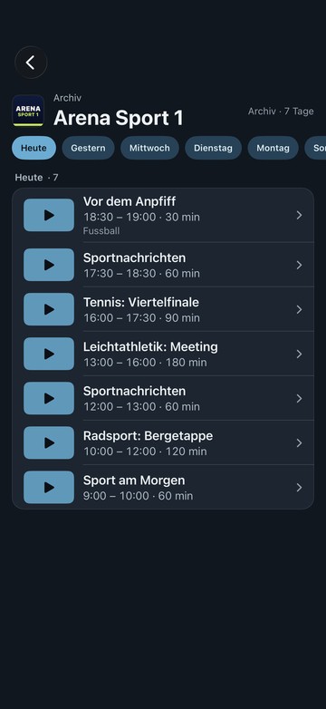 Das Archiv eines Sportsenders in Neverlag auf dem iPhone: Tage von Heute bis Montag, darunter Sendungen wie «Vor dem Anpfiff» und «Tennis: Viertelfinale» mit Uhrzeit und Dauer