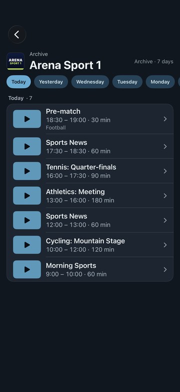 The catch-up page of a sports channel in Neverlag on iPhone: days from Today back to Monday, with shows such as a pre-match programme and a tennis quarter-final, each with time and length