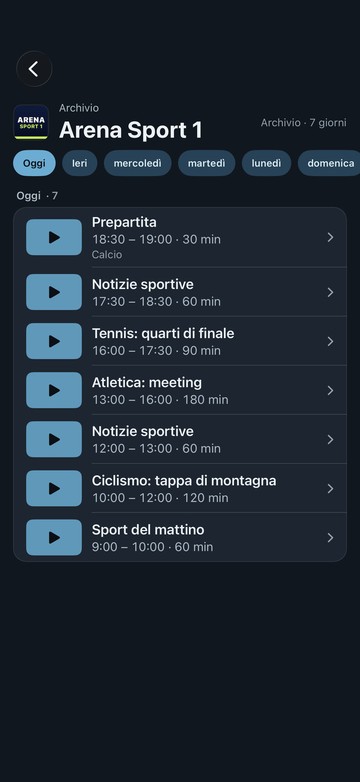 L’archivio di un canale sportivo in Neverlag su iPhone: i giorni da oggi a lunedì, poi programmi come un pre-partita e un quarto di finale di tennis, con orario e durata