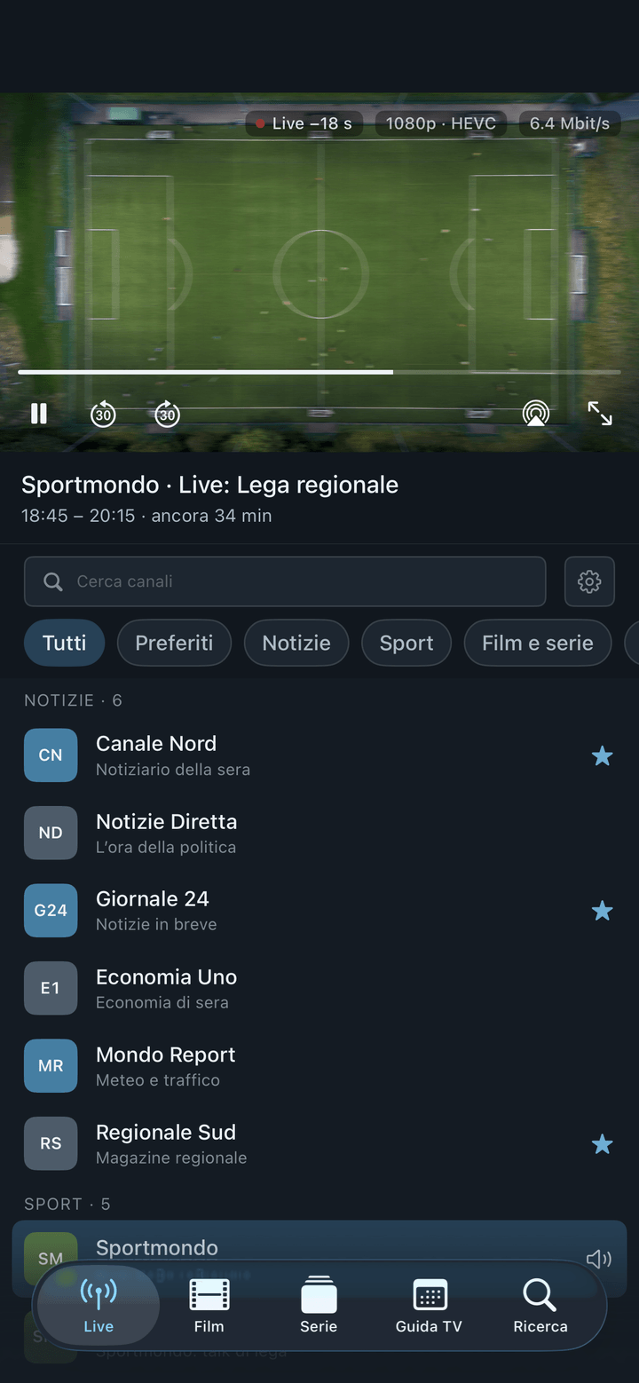 Neverlag sull’iPhone: la lista dei canali con il programma in corso.