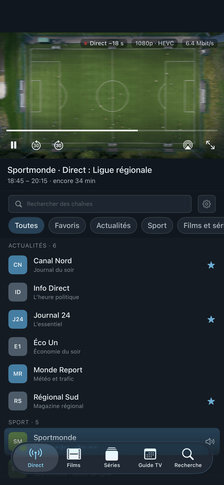 Neverlag sur l’iPhone : la liste des chaînes avec l’émission en cours.