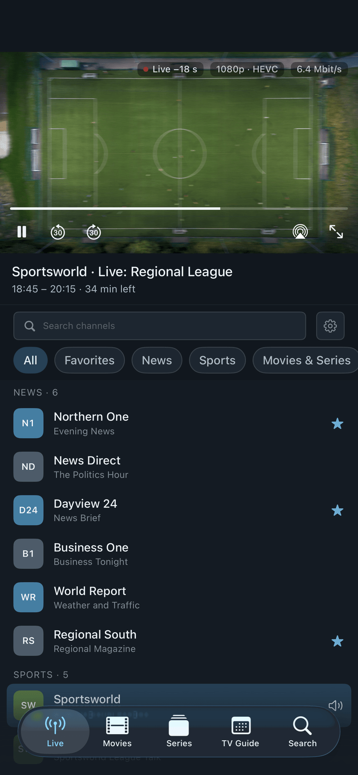 Neverlag on the iPhone: the channel list with the A–Z bar