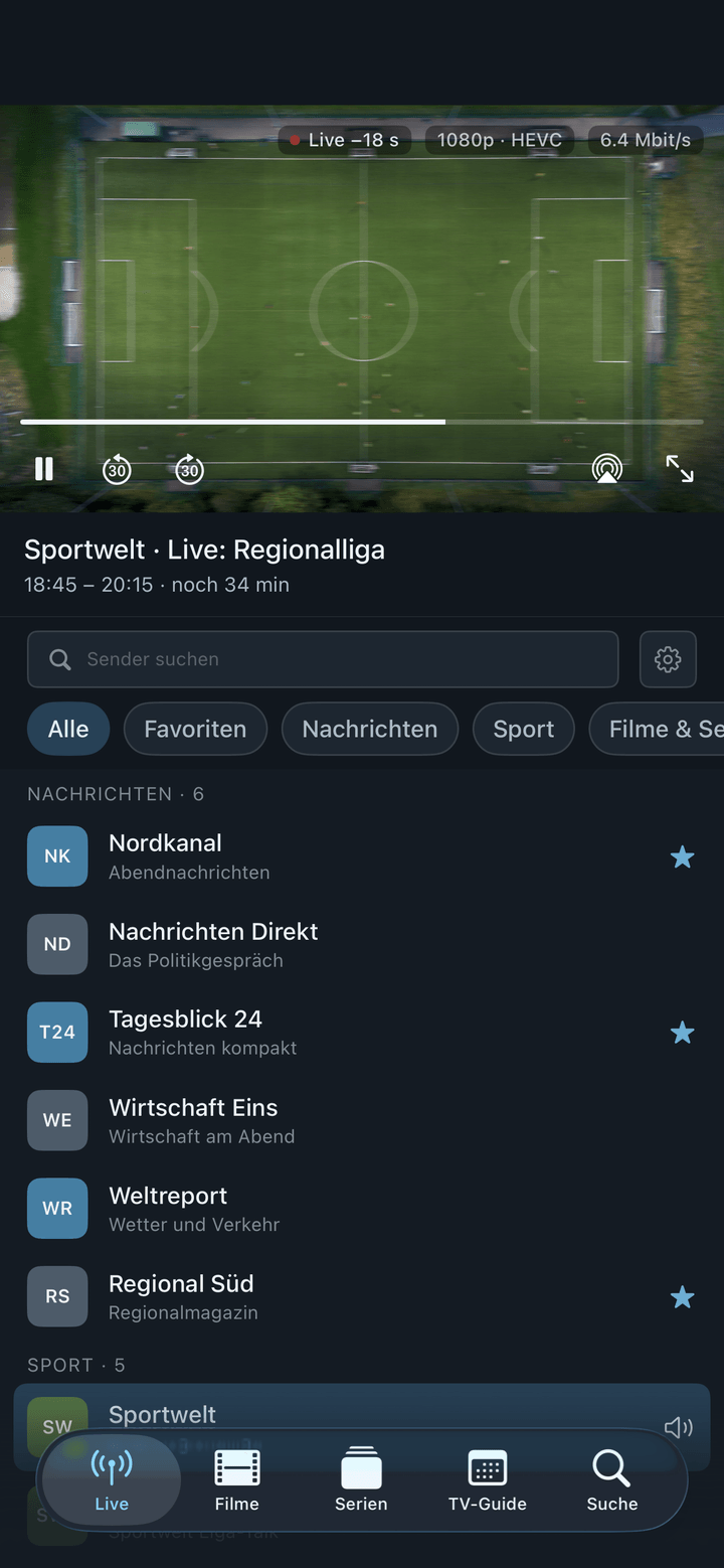 Neverlag auf dem iPhone: die Kanalliste mit dem laufenden Programm.