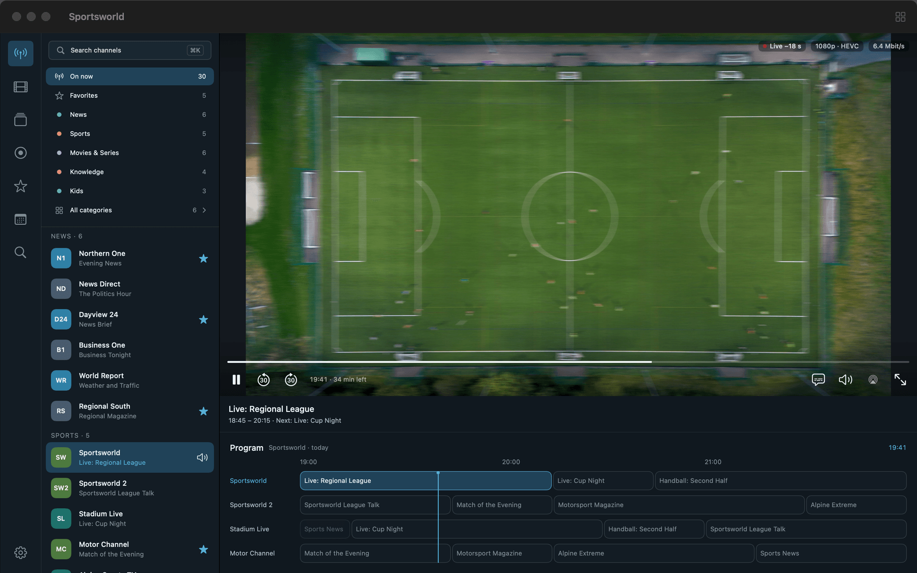Neverlag on the Mac: the channel list with favourites next to the running player