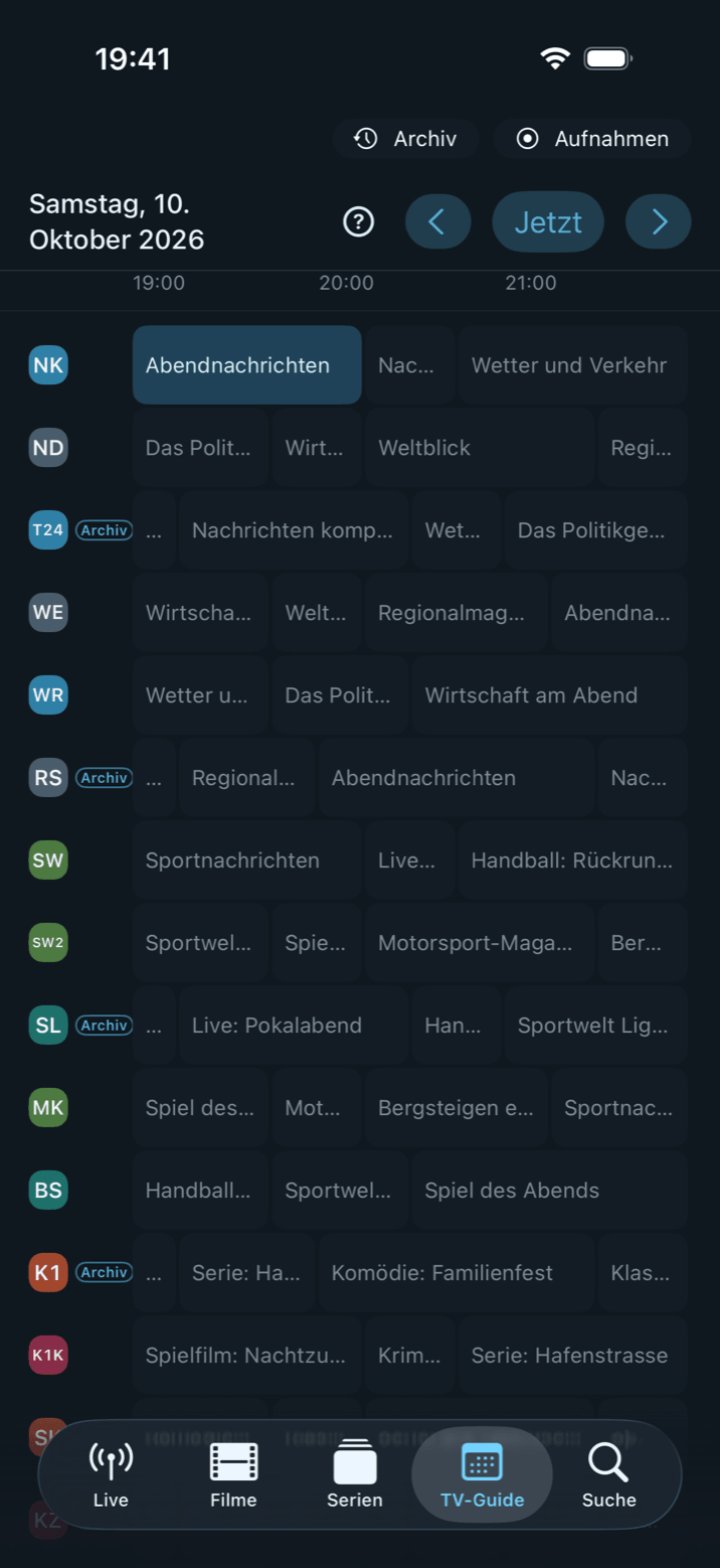 Der Programmführer in Neverlag auf dem iPhone: Sender mit Archiv sind mit «Archiv» gekennzeichnet, oben rechts der Einstieg in den Bereich Archiv