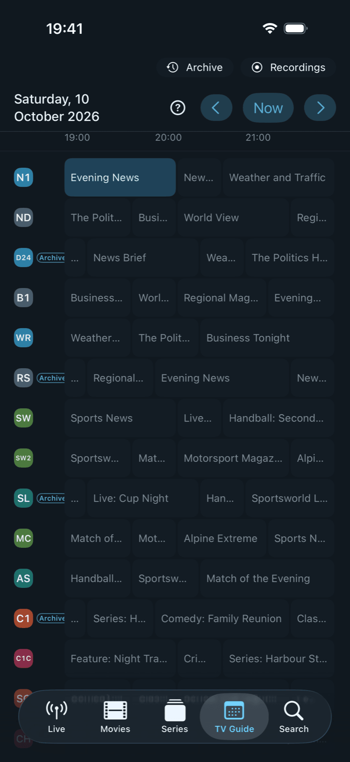 The programme guide in Neverlag on the iPhone: channels with an archive are marked “Archive”, top right the entry to the Archive area