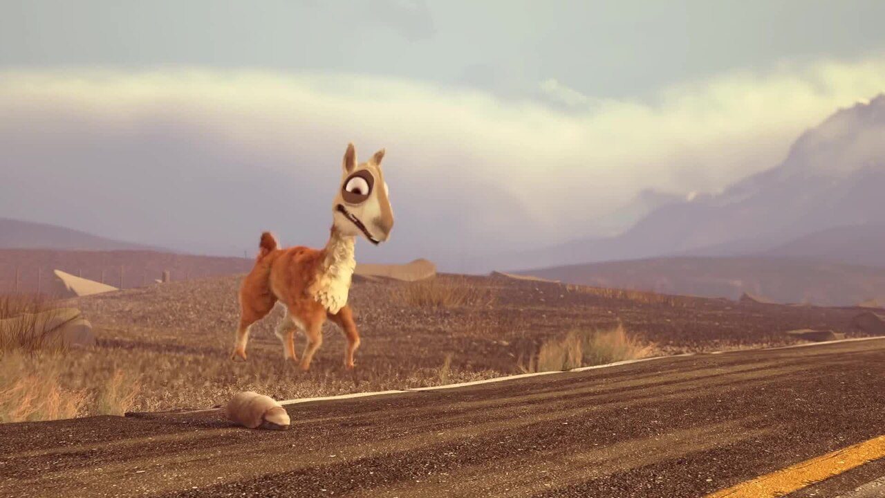 Demo im Neverlag-Player: ein Lama trabt über eine Landstrasse — Filmausschnitt aus «Caminandes: Llama Drama» (Blender Foundation, CC BY 3.0), darunter Zeit und Vorrat der Wiedergabe.