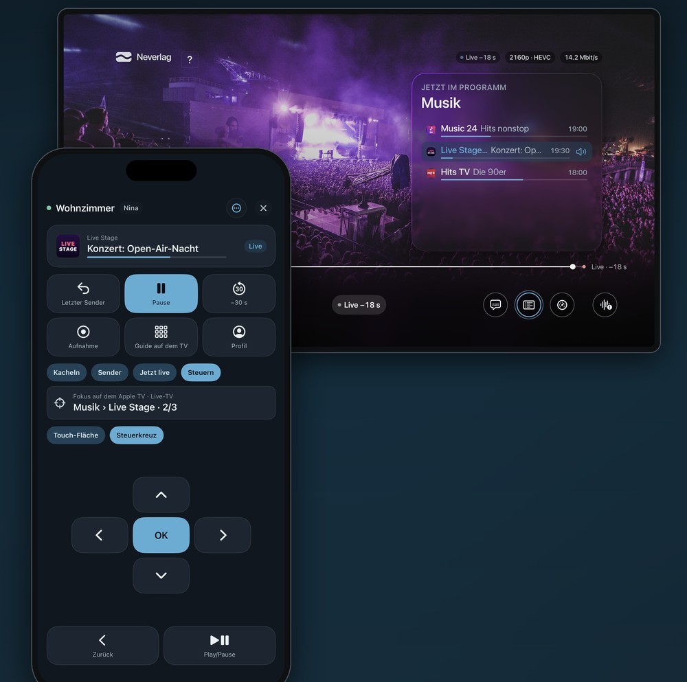 Neverlag auf iPhone und Apple TV: Das iPhone zeigt die Fernbedienung mit Steuerkreuz und der Spiegelzeile «Musik › Live Stage · 2/3», dahinter läuft auf dem Apple TV das Konzert mit der Senderliste «Musik»