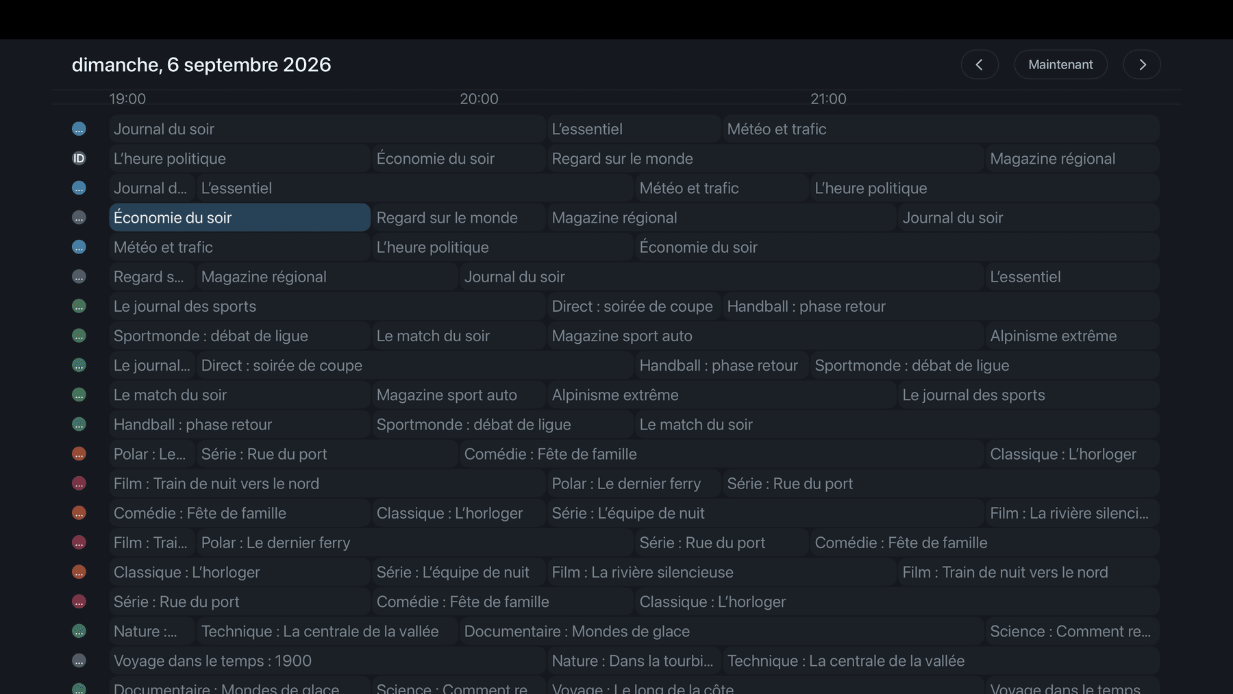 Le guide des programmes sur l’Apple TV : toutes les chaînes avec leurs émissions dans une grille horaire.