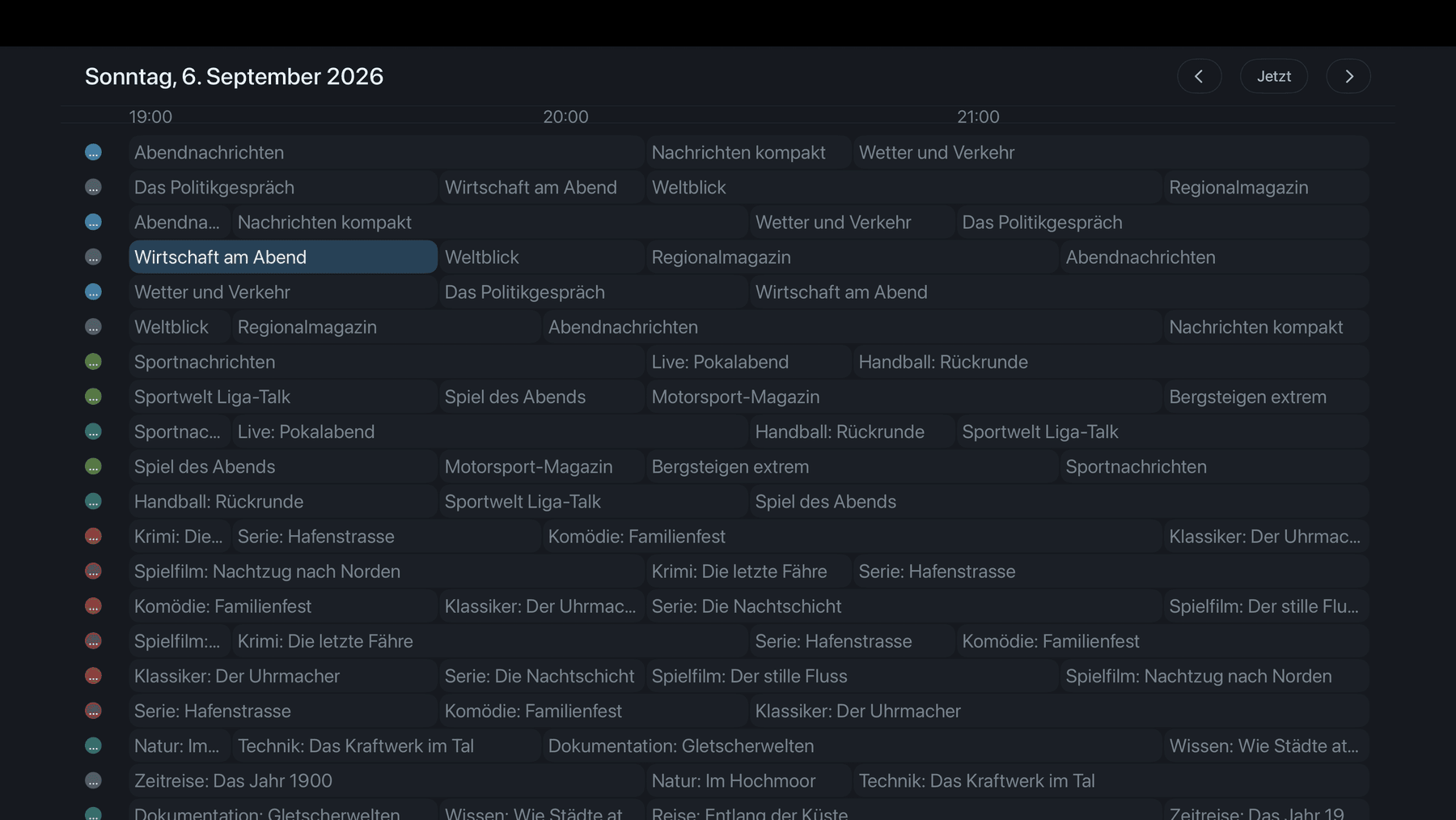 Der Programmführer auf dem Apple TV: alle Kanäle mit ihren Sendungen im Zeitraster.