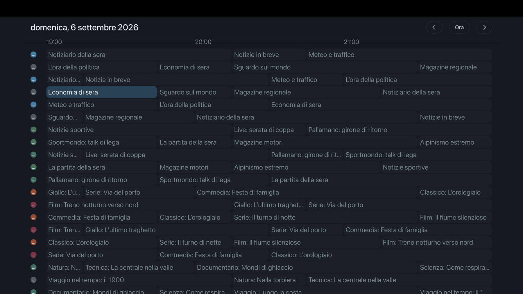 La guida TV su Apple TV: tutti i canali con i loro programmi nella griglia oraria.
