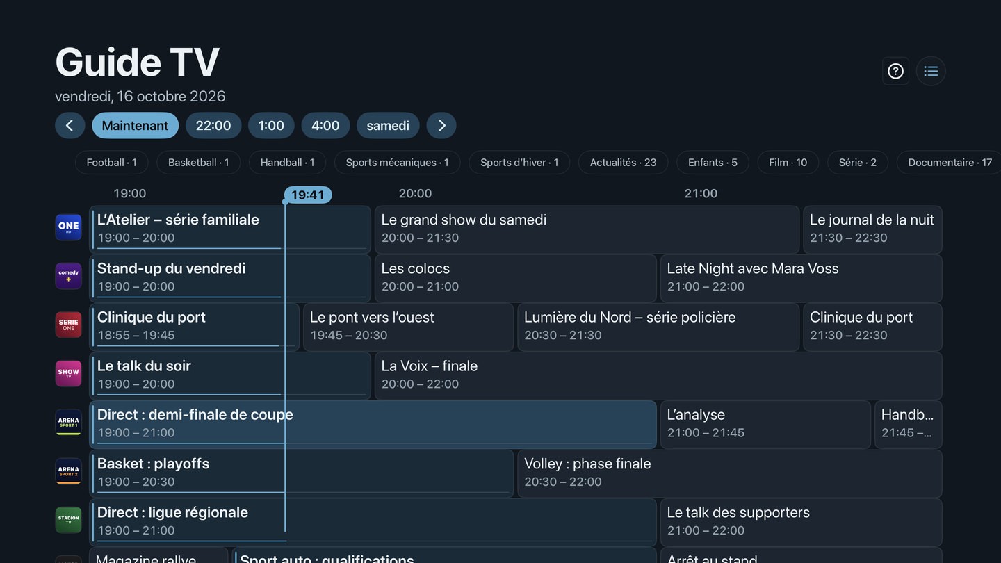 Le guide TV de Neverlag sur Apple TV : les émissions par chaîne sur une frise horaire, en haut des sauts vers Maintenant, des heures et samedi, en dessous des filtres par thème comme football, basket et actualités