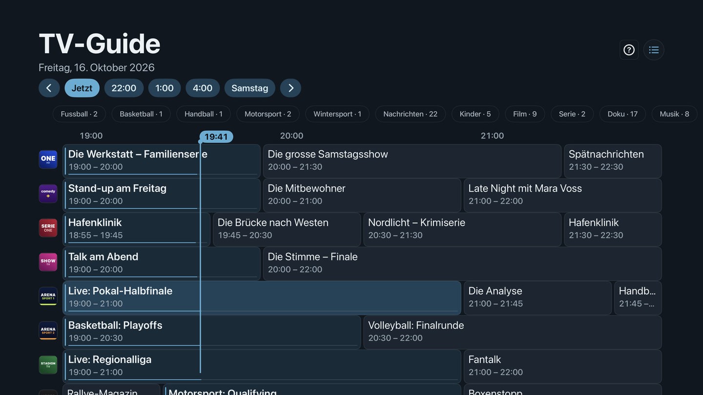 Der TV-Guide von Neverlag auf dem Apple TV: Sendungen je Sender auf einer Zeitleiste, oben Sprünge zu Jetzt, Uhrzeiten und Samstag, darunter Themenfilter wie Fussball, Basketball und Nachrichten