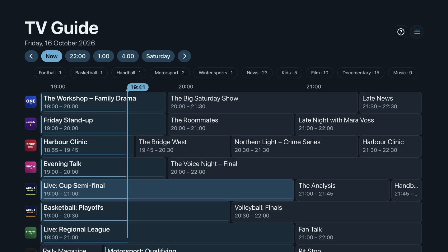 Neverlag’s TV guide on Apple TV: shows per channel on a timeline, jumps to Now, set times and Saturday at the top, topic filters such as football, basketball and news below