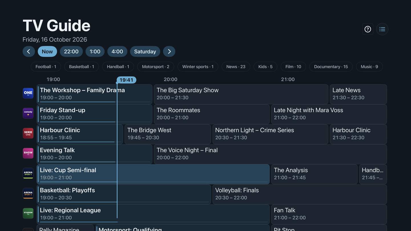 Neverlag’s TV guide on Apple TV with a timeline and topic filters such as football and news
