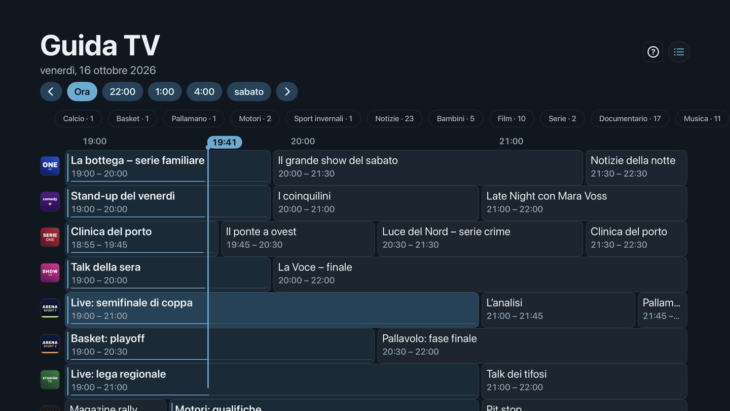 La guida TV di Neverlag su Apple TV: i programmi per canale su una linea del tempo, in alto i salti ad Adesso, a degli orari e a sabato, sotto i filtri per tema come calcio, basket e notizie