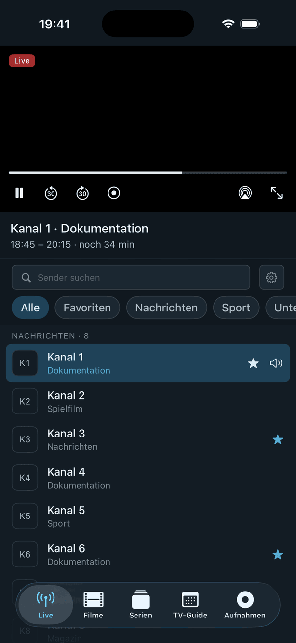 iPhone, Neverlag im Hochformat: Player oben, Filterleiste und Kanalliste darunter.