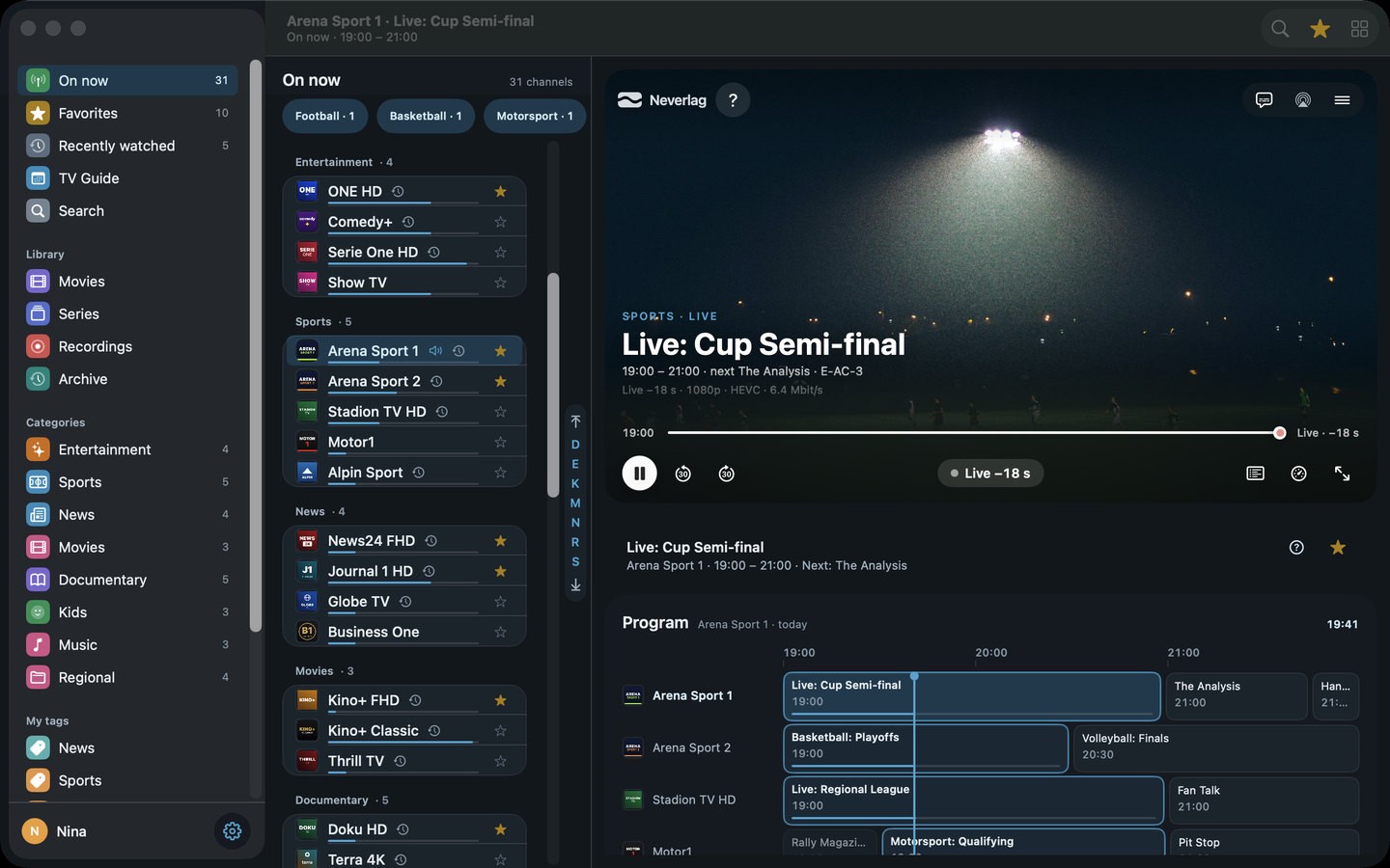 Neverlag on the Mac: the sidebar with On now, Favourites and TV Guide on the left, then the channel list with topic filters, the player and the programme