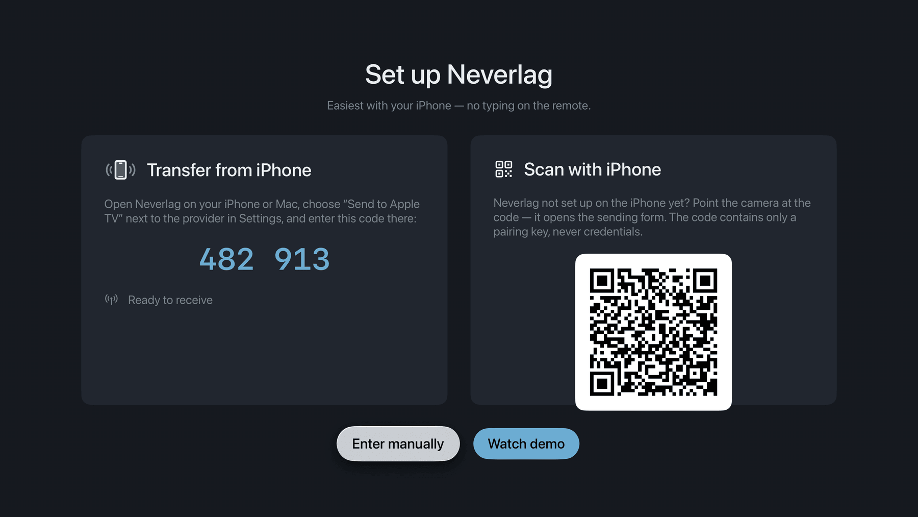 Neverlag on Apple TV: the six-digit code for sending the credentials from the iPhone