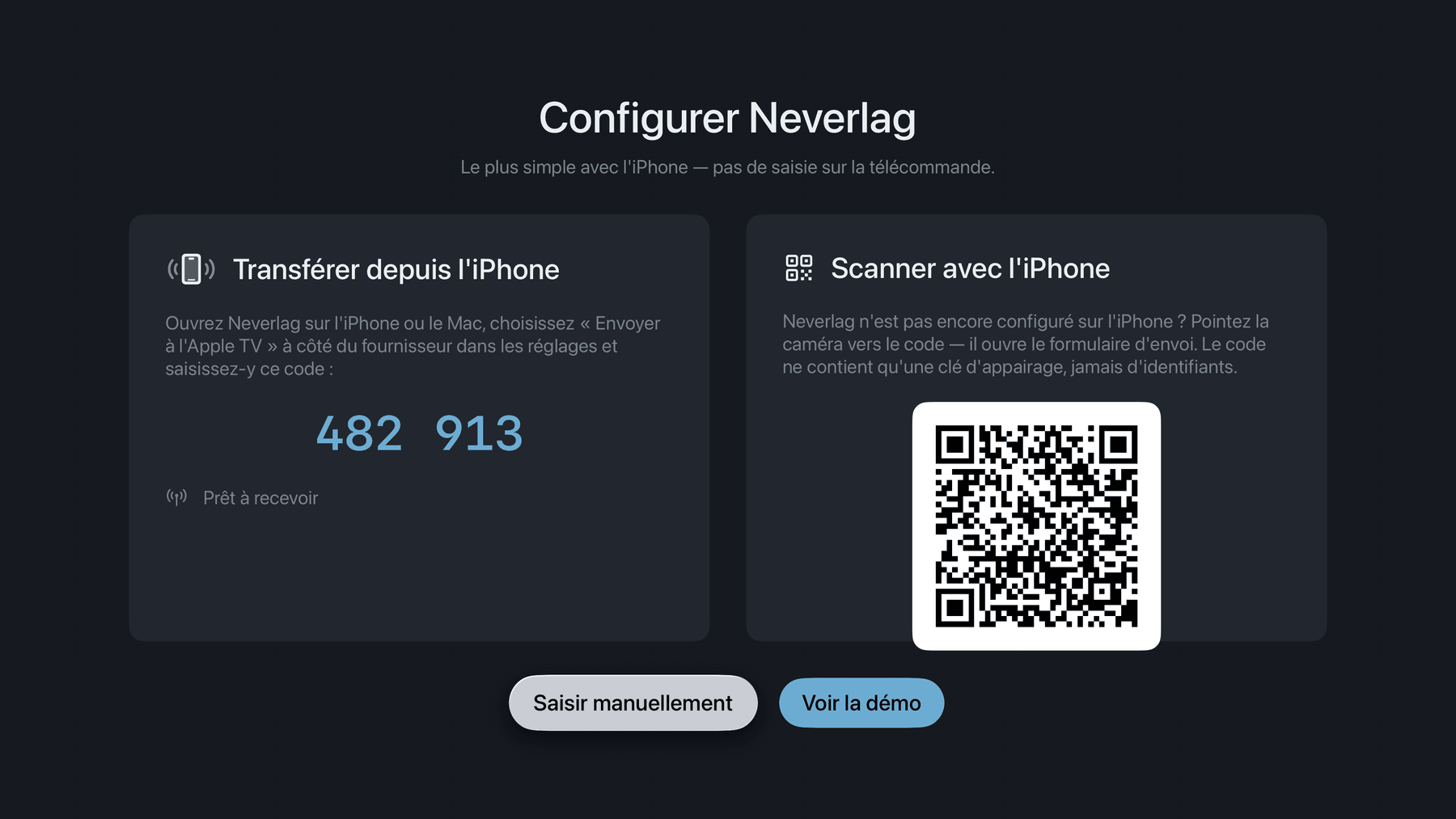 L’écran de configuration sur l’Apple TV : code à six chiffres à transférer depuis l’iPhone ou le Mac et QR code à scanner.