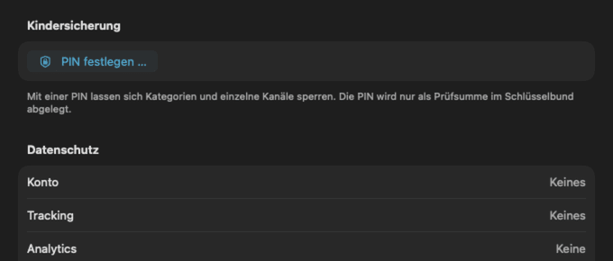 Apple TV, Einstellungen mit dem Datenschutzabschnitt: Konto keines, Tracking keines, Analytics keine, Werbung keine.