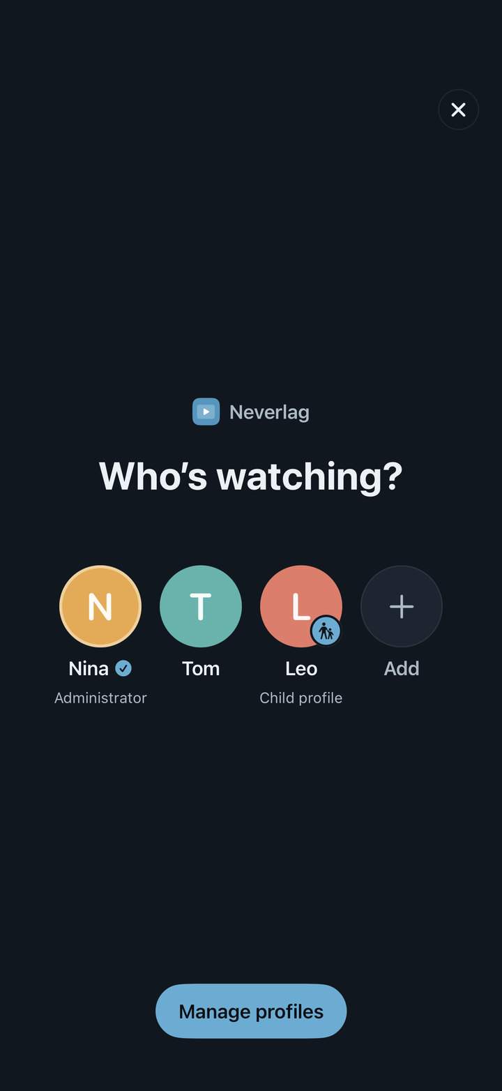 “Who’s watching?” in Neverlag on iPhone: Nina as administrator, Tom, and Leo as a child profile