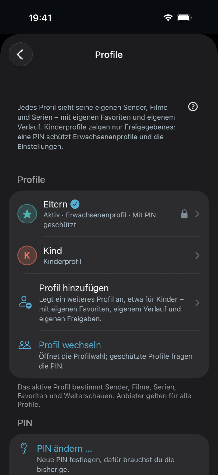 Einstellungen → Profile in Neverlag auf dem iPhone: ein Erwachsenenprofil mit PIN-Schutz, ein Kinderprofil, «Profil hinzufügen» und «Profil wechseln»