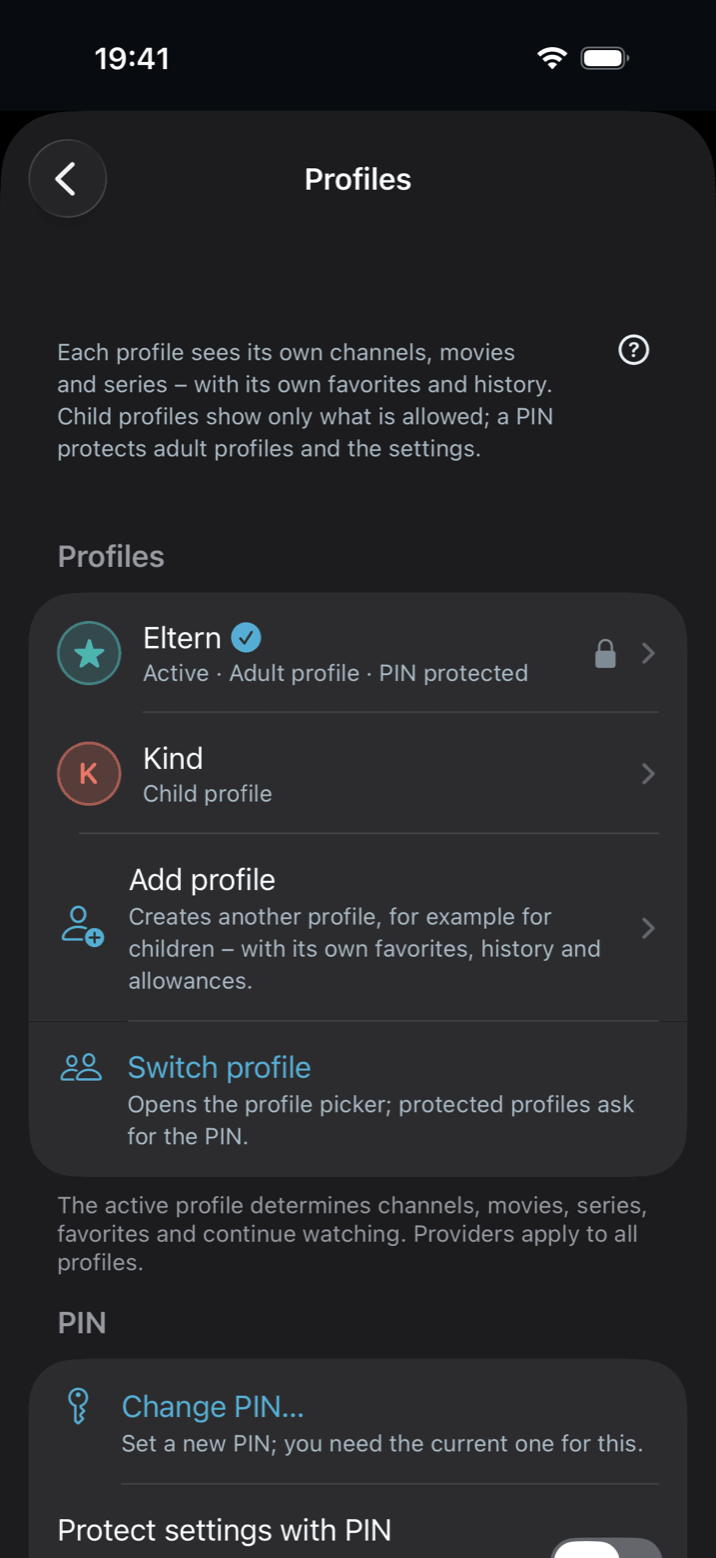 Settings → Profiles in Neverlag on the iPhone: an adult profile protected by PIN, a child profile, “Add profile” and “Switch profile”