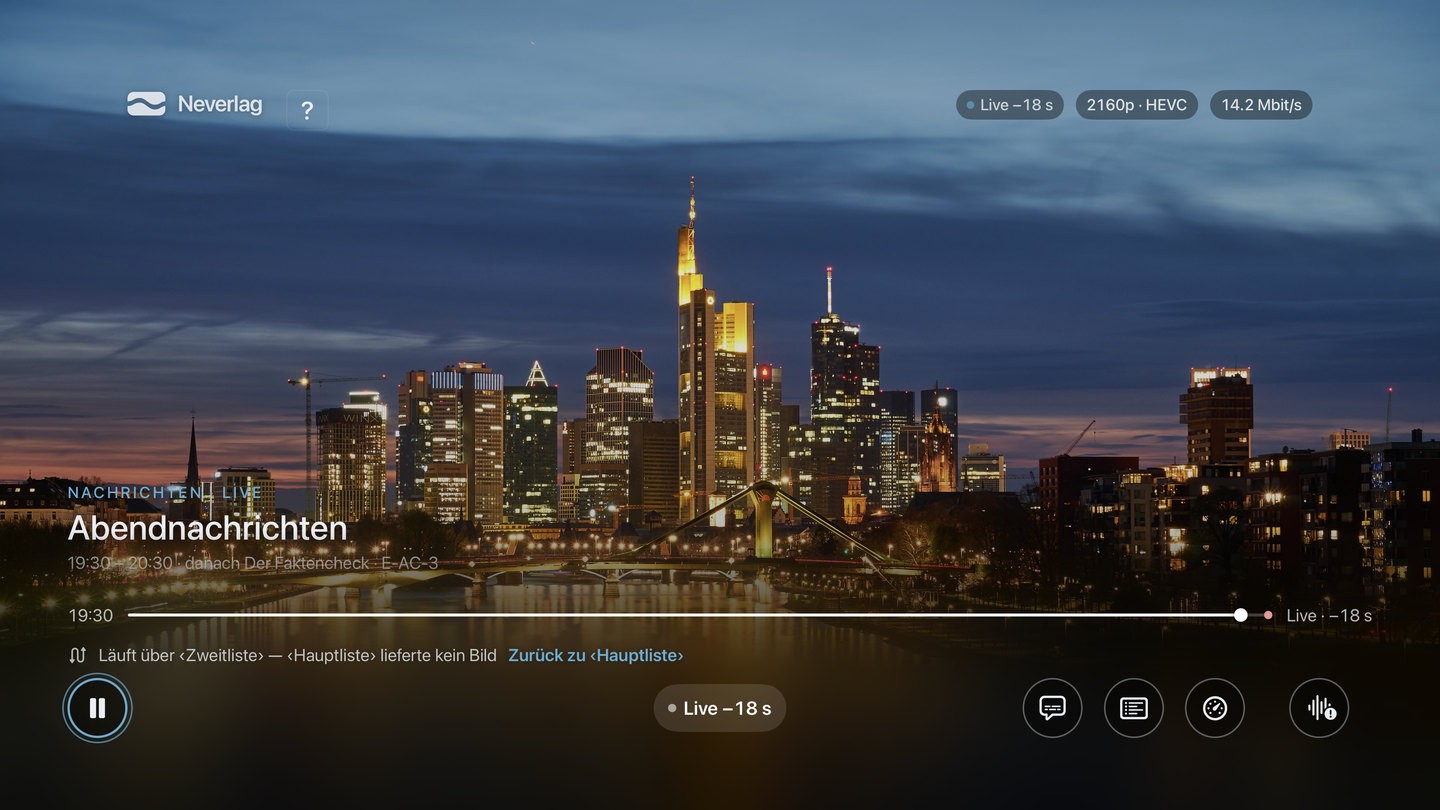 Neverlag auf dem Apple TV: Nachrichtensender mit Abendskyline, darunter die Zeile «Läuft über ‹Zweitliste› — ‹Hauptliste› lieferte kein Bild» mit dem Knopf «Zurück zu ‹Hauptliste›»