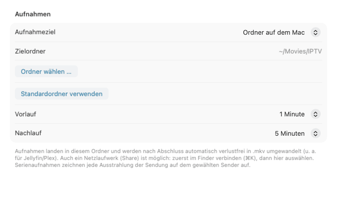 Mac, Aufnahme-Einstellungen: Zielwahl zwischen Ordner auf dem Mac und Netzwerkspeicher, dazu Vor- und Nachlauf.
