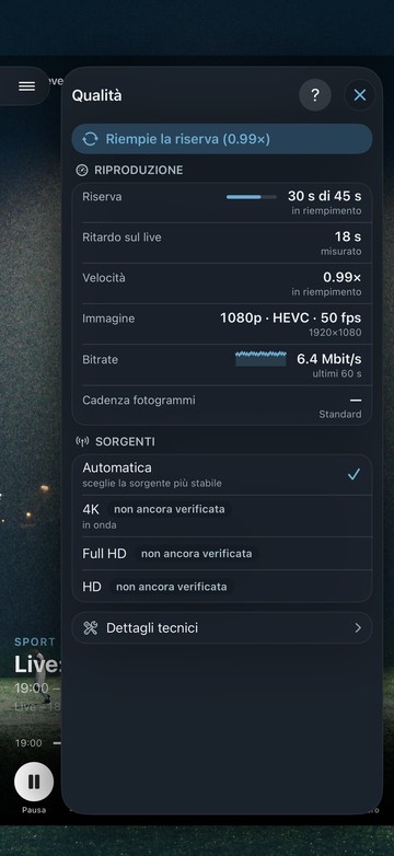 La finestra della qualità di Neverlag su iPhone: «Riempie la riserva (0.99×)», riserva 30 s su 45 s, ritardo sul live 18 s, immagine 1080p a 50 fps, sotto le fonti 4K, Full HD e HD
