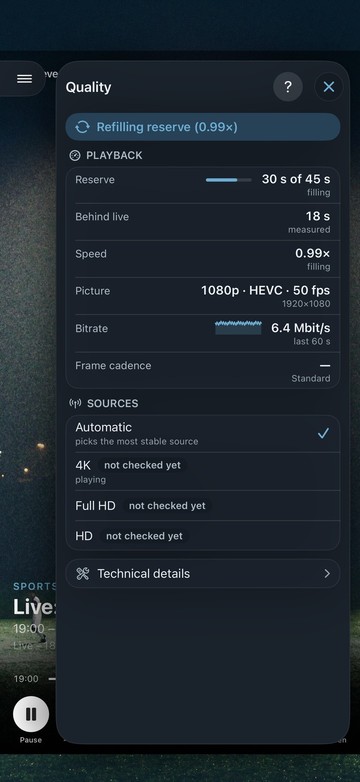 Neverlag’s quality window on iPhone: “Refilling reserve (0.99×)”, reserve 30 s of 45 s, 18 s behind live, picture 1080p at 50 fps, and the sources 4K, Full HD and HD below