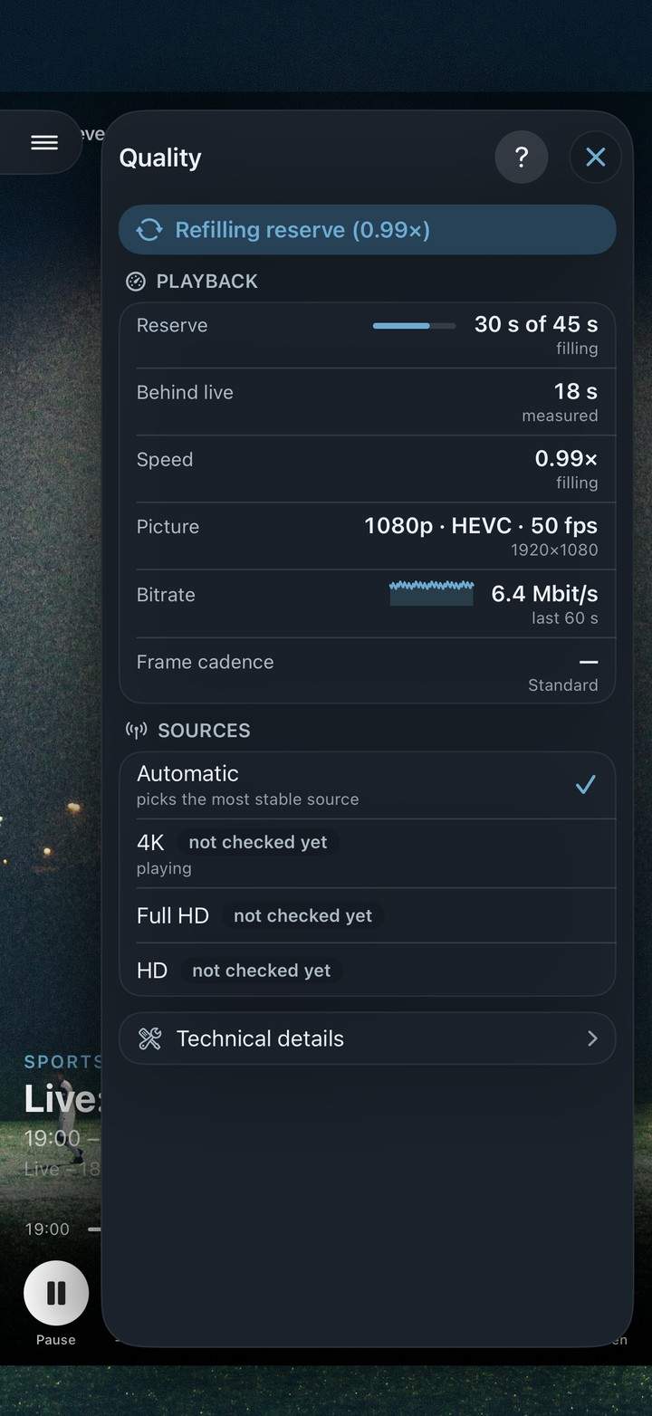 Neverlag’s quality window on iPhone: “Refilling reserve”, reserve 30 s of 45 s, the channel’s sources below