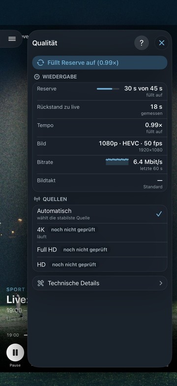 Das Qualitätsfenster von Neverlag auf dem iPhone: «Füllt Reserve auf (0.99×)», Reserve 30 s von 45 s, Rückstand zu live 18 s, Bild 1080p mit 50 fps, darunter die Quellen 4K, Full HD und HD