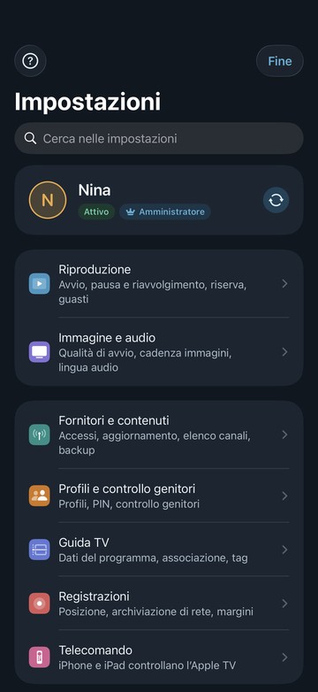 Le nuove impostazioni di Neverlag su iPhone: campo di ricerca, il profilo «Nina» e sezioni come Riproduzione, Immagine e audio, Provider e contenuti, Profili e controllo genitori
