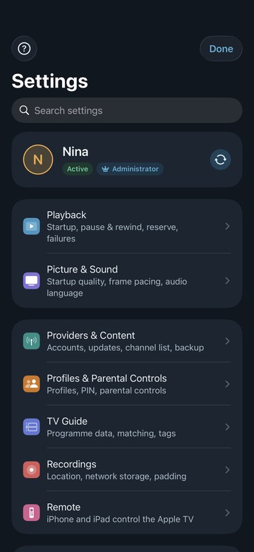 Neverlag’s new settings on iPhone: a search field, the profile “Nina” and areas such as Playback, Picture & Sound, Providers & Content, Profiles & Parental Controls
