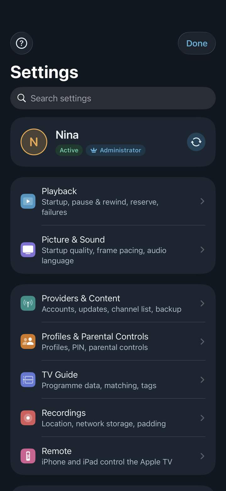 Neverlag’s new settings on iPhone with a search field and areas such as Playback, Picture & Sound and Profiles & Parental Controls