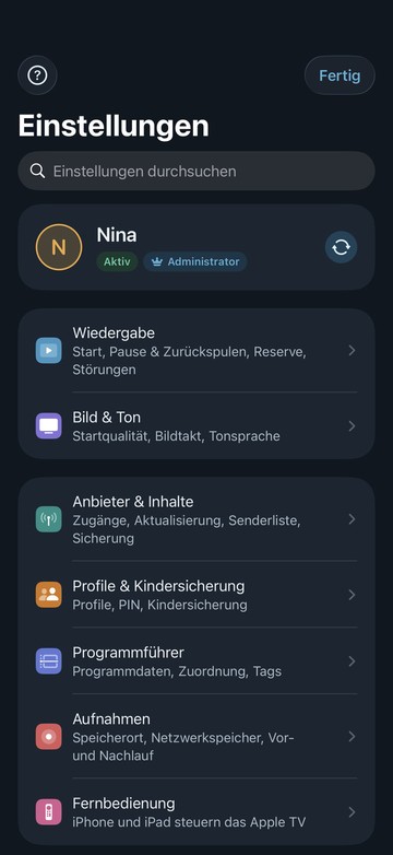 Die neuen Einstellungen von Neverlag auf dem iPhone: Suchfeld, das Profil «Nina» und Bereiche wie Wiedergabe, Bild & Ton, Anbieter & Inhalte, Profile & Kindersicherung