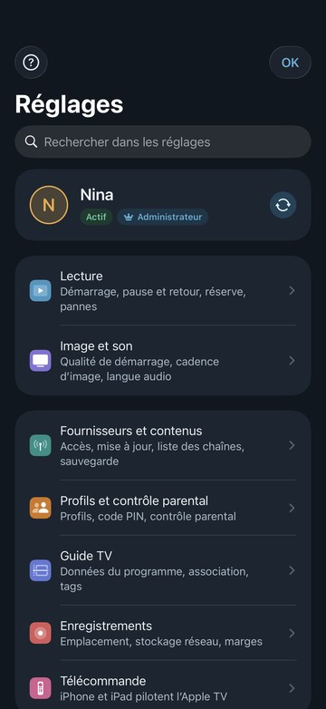 Les nouveaux réglages de Neverlag sur iPhone : champ de recherche, le profil « Nina » et des rubriques comme Lecture, Image et son, Fournisseurs et contenus, Profils et contrôle parental