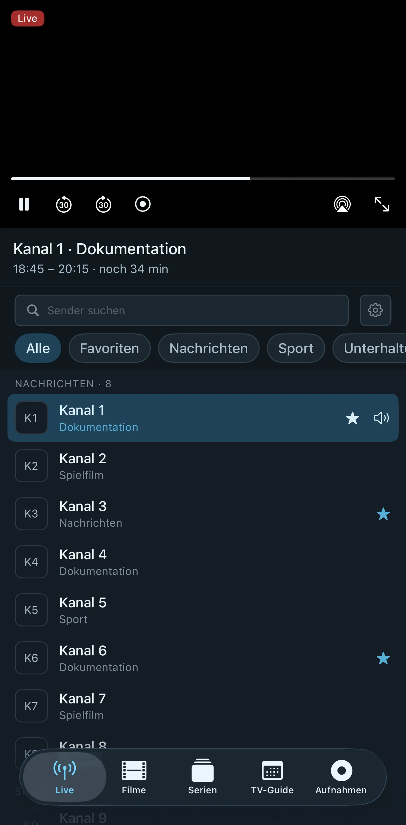 Neverlag IPTV app on iPhone with channel list