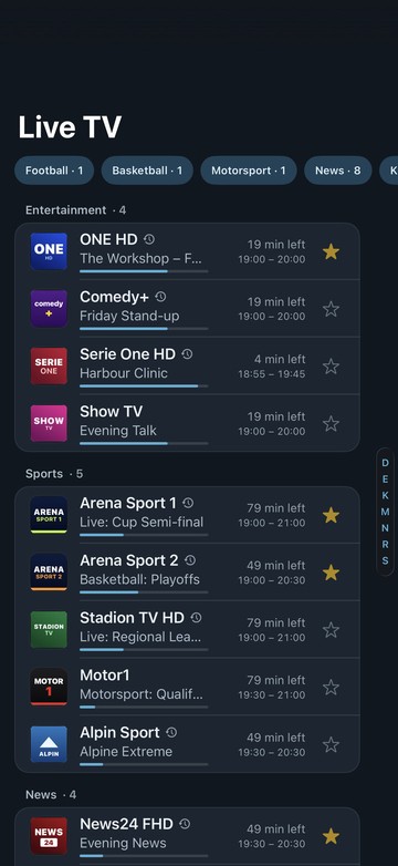 Neverlag’s live TV list on iPhone: filters such as “Football · 1” and “Basketball · 1” at the top, channels by group below with the current show and time left
