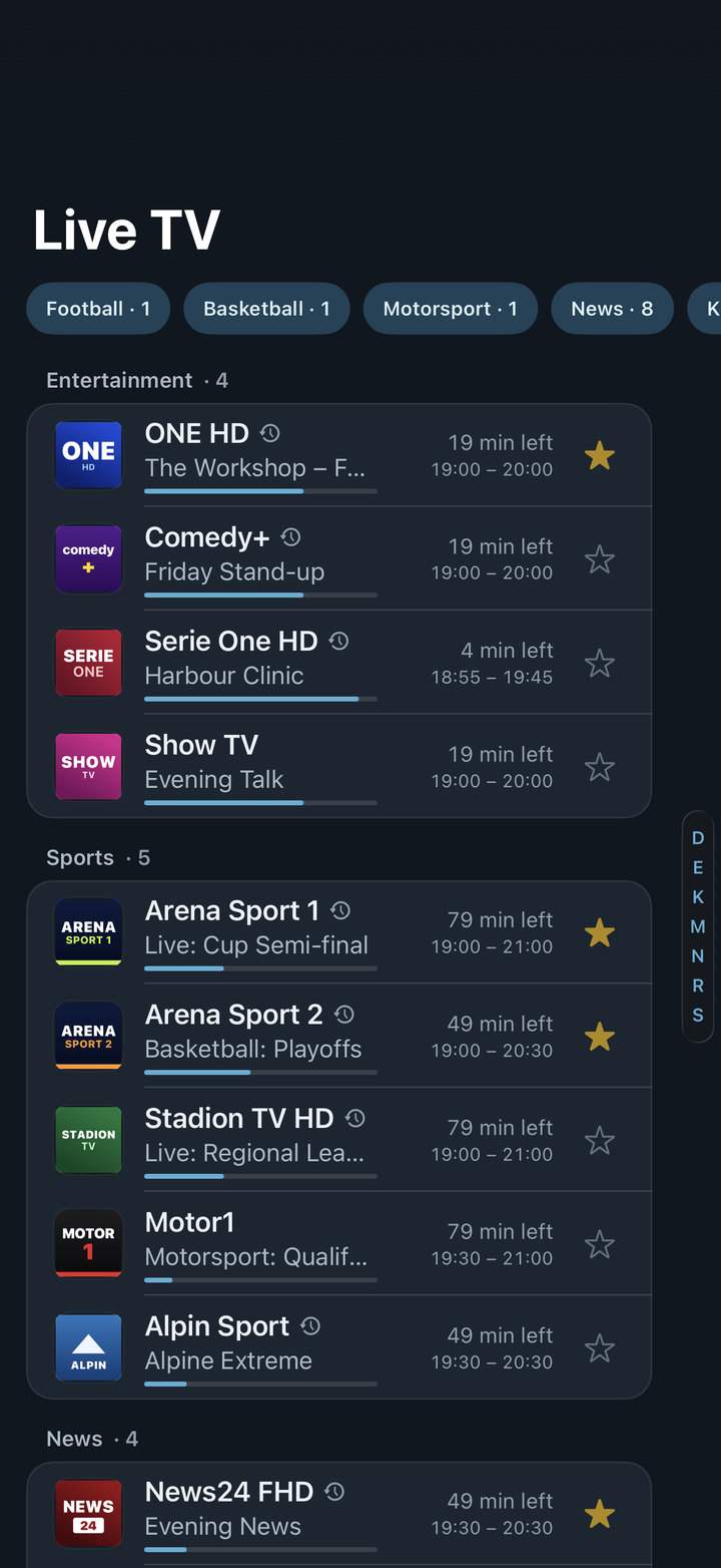 Neverlag’s channel list on iPhone with the filters “Football · 1” and “Basketball · 1”