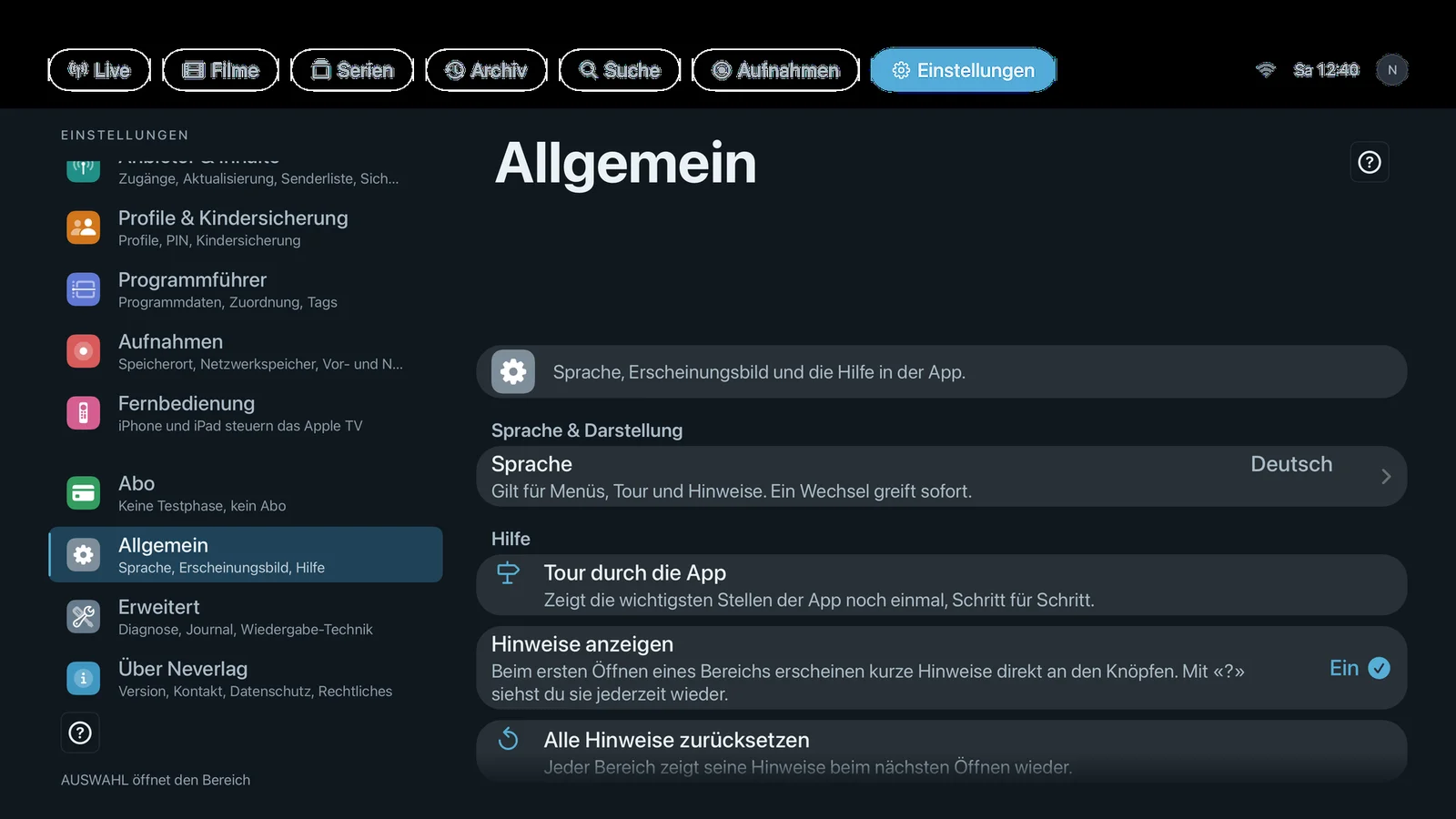 Screenshot einstellungen allgemein appletv