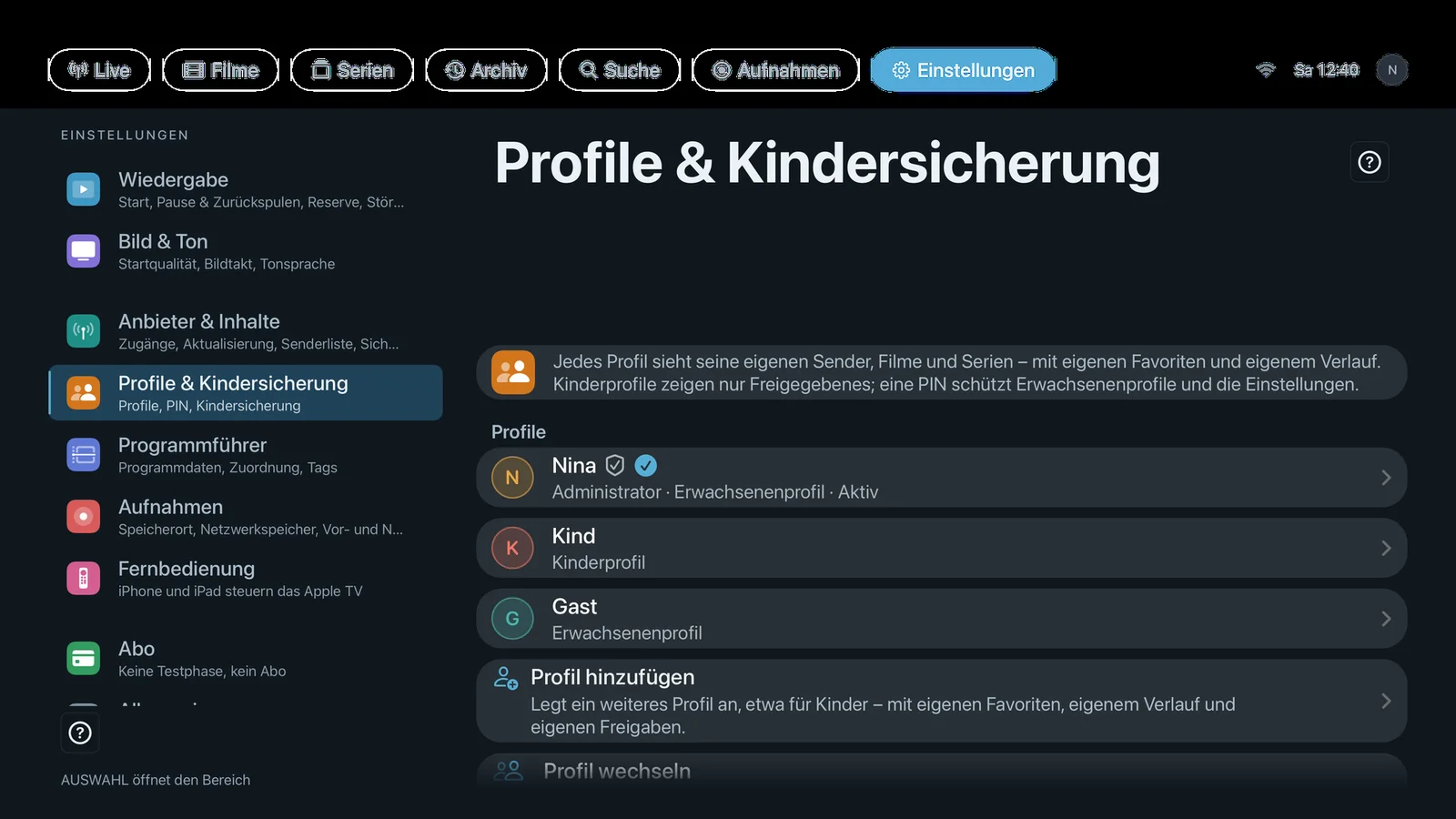 Screenshot einstellungen profile appletv