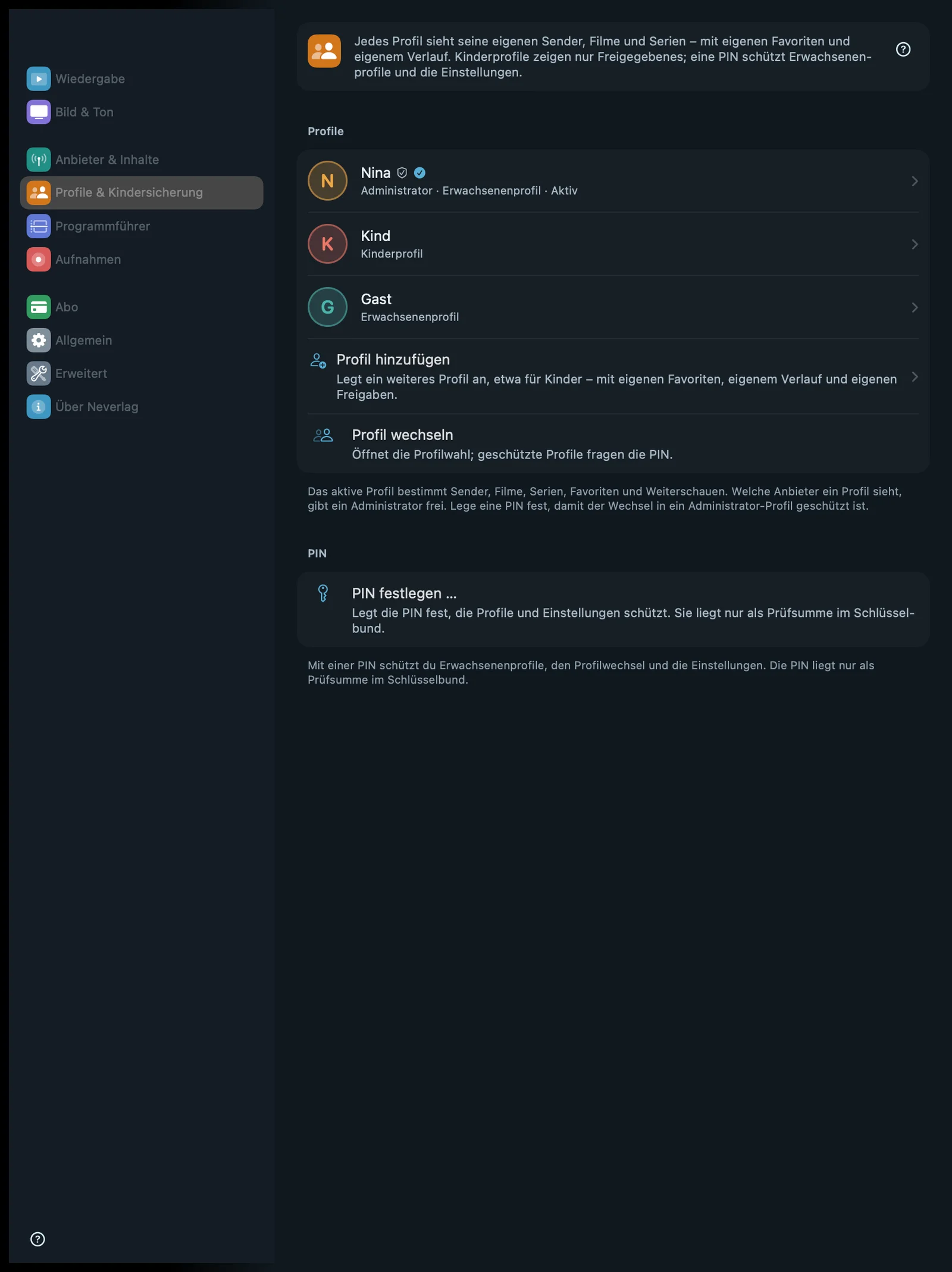Screenshot einstellungen profile mac