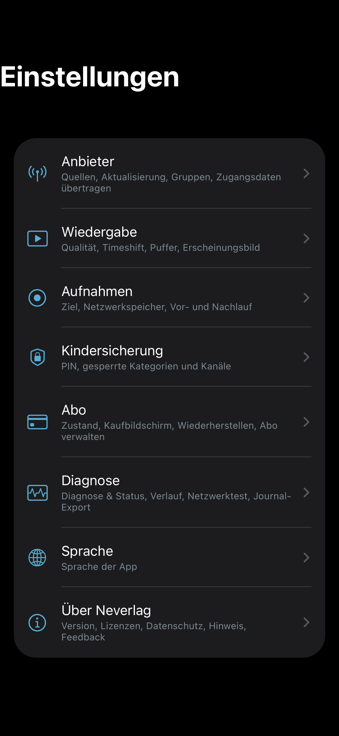 Einstellungen-Übersicht (iPhone)
