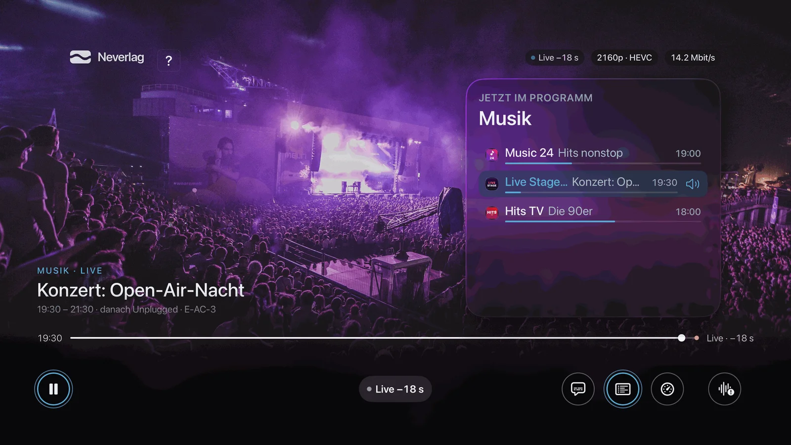 Apple TV with Neverlag: “Live Stage” is selected in the “Musik” group